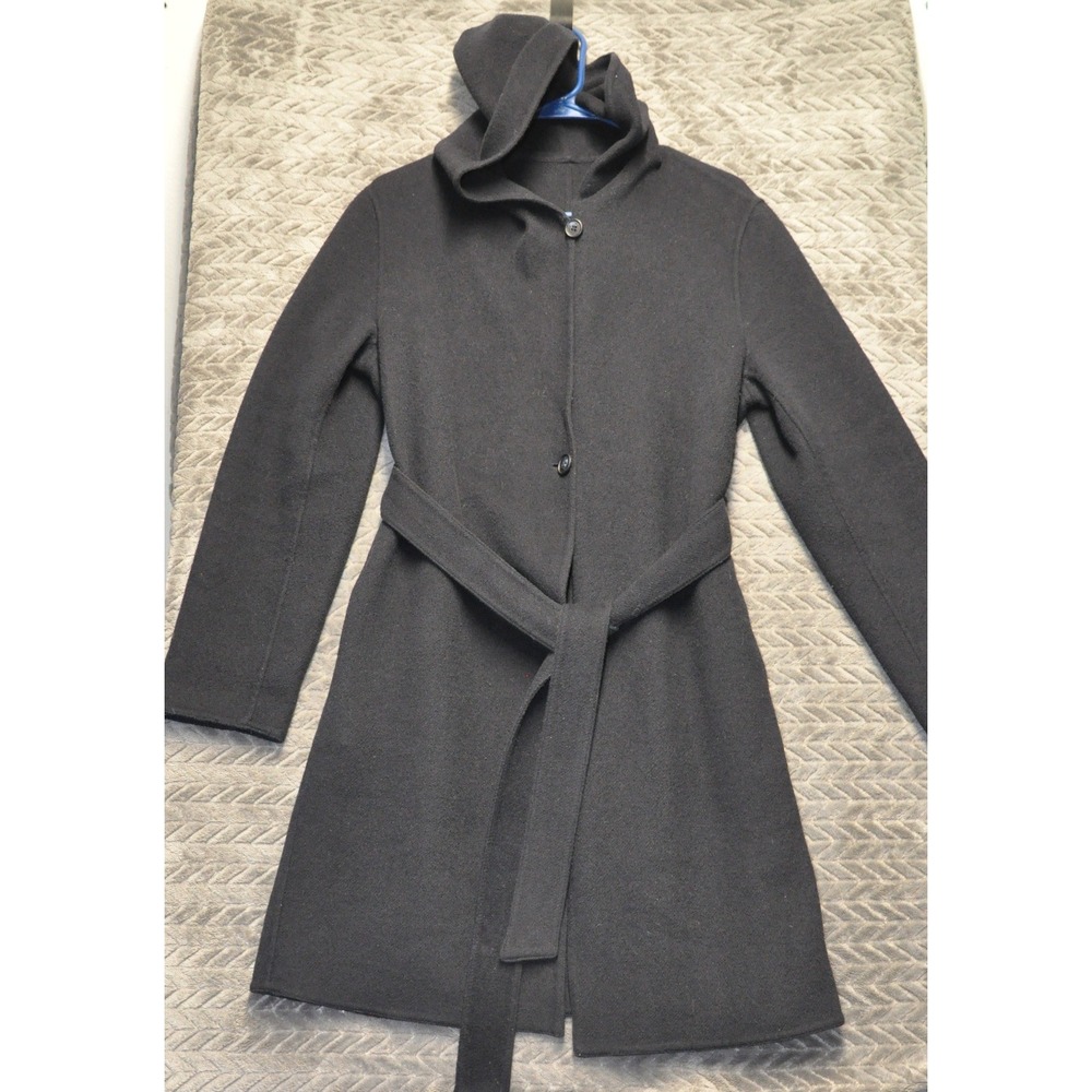 Uniqlo Hooded Wool Blend Coat 4 Black Excellent Belted‎ Trench Outerwear